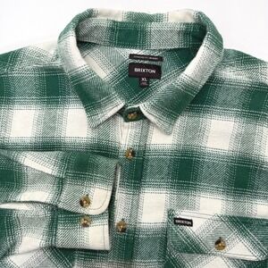 Brixton Bowery Flannel Shirt Mens XL Green White Plaid Standard Fit Long Sleeve